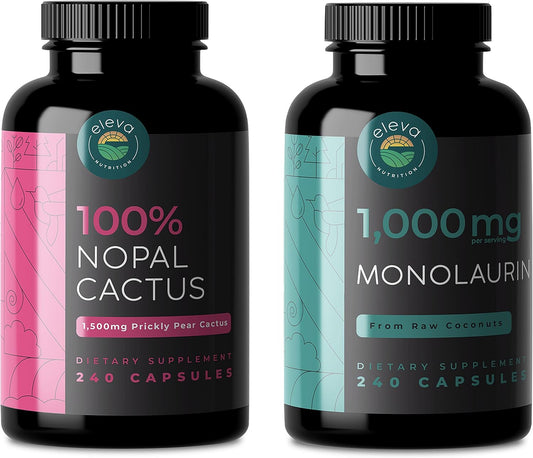 Nopal Cactus & Monolaurin Bundle - 240 Capsules Each, 1500mg Prickly Pear Cactus, 1000mg Monolaurin - Eleva Nutrition