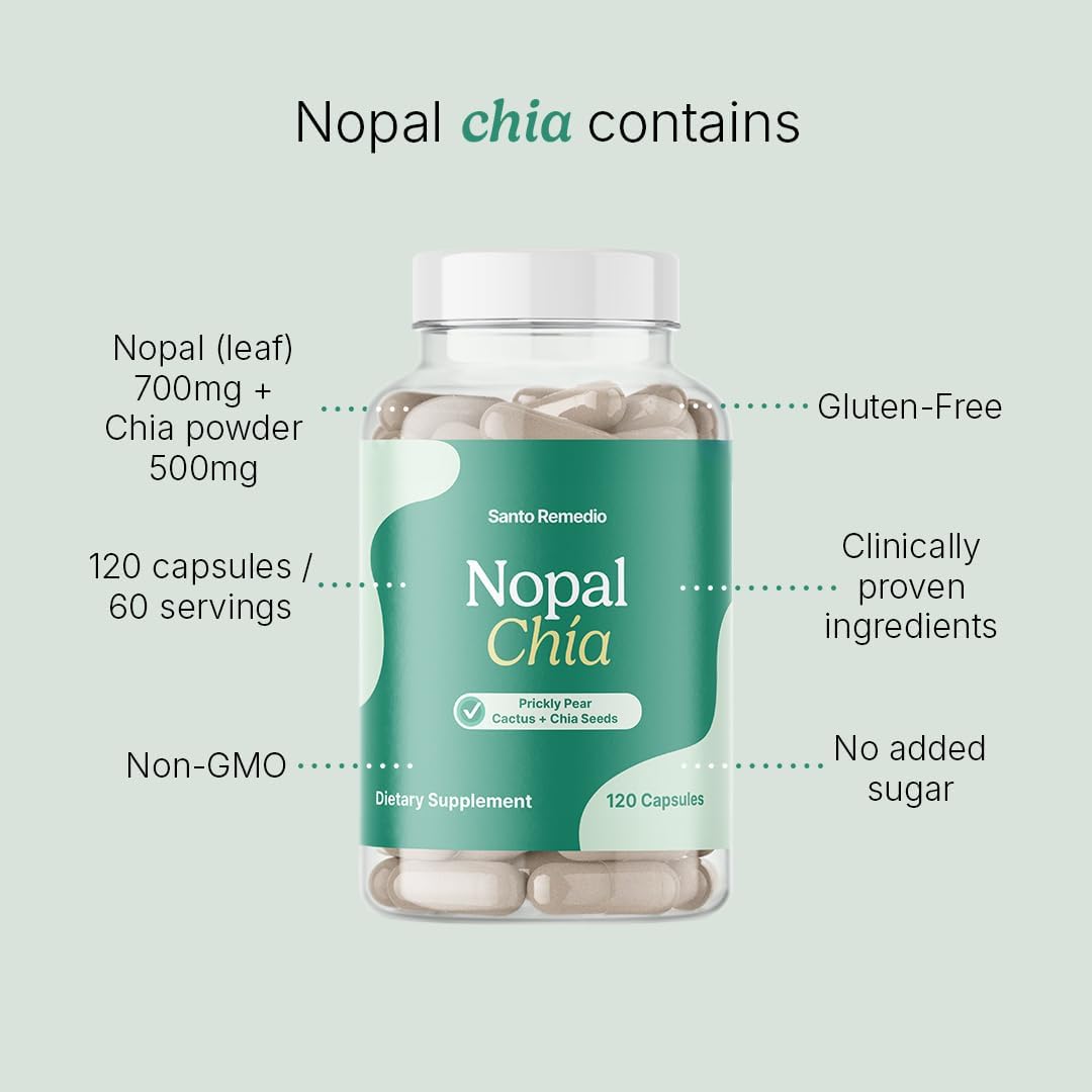 Nopal Chia Prickly Pear Cactus and Chia Powder Supplement, 120 Capsules, Gluten Free, Non-GMO, No Added Sugar, Clinically Proven