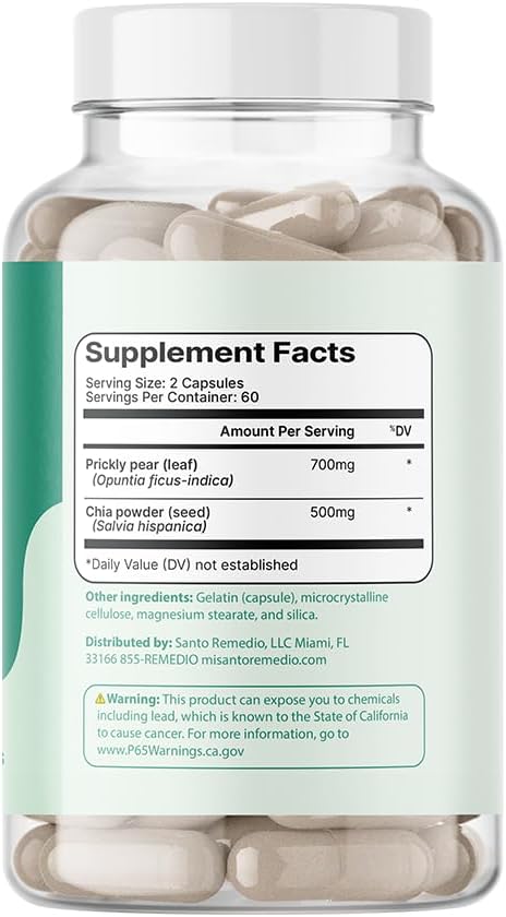 Nopal Chia Prickly Pear Cactus and Chia Powder Supplement, 120 Capsules, Gluten Free, Non-GMO, No Added Sugar, Clinically Proven
