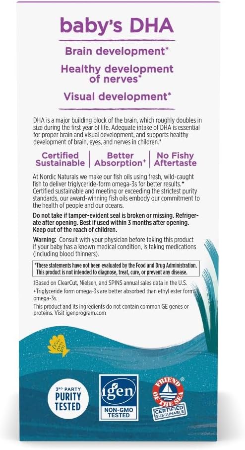 Nordic Naturals Baby DHA Supplement for Brain and Vision Development - Unflavored, 4 oz - Non-GMO Formula with Omega-3 and Vitamin D3