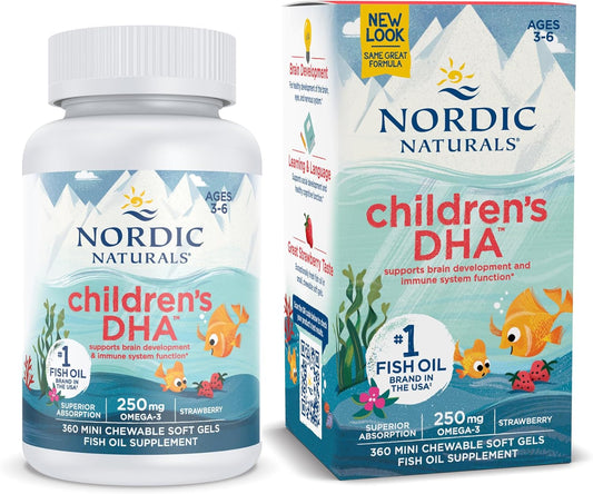 Nordic Naturals Children's DHA Strawberry Soft Gels - 360 Mini Chewables - 250mg Omega-3 EPA & DHA for Kids - Brain Function & Non-GMO - 90 Servings