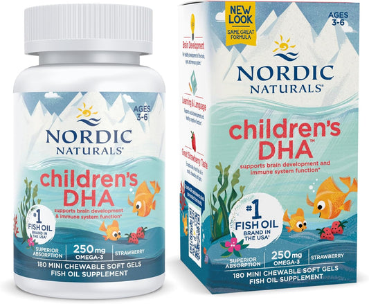 Nordic Naturals Children’s DHA Strawberry Soft Gels - 180 Mini Chewables with 250mg Omega-3 for Kids - Brain Development Support - Non-GMO - 45 Servings