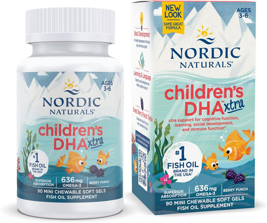 Nordic Naturals Children’s DHA Xtra Berry Punch Soft Gels - 90 Mini Chewables for Kids - 636mg Omega-3s for Cognitive & Immune Support - Non-GMO - 30 Servings