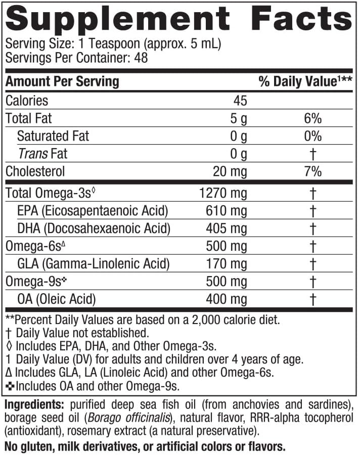 Nordic Naturals Complete Omega Lemon Flavor 8 oz Liquid Supplement - 1270 mg Omega-3 EPA DHA with GLA for Skin, Joints, Cognition, Mood - Non-GMO - 48 Servings