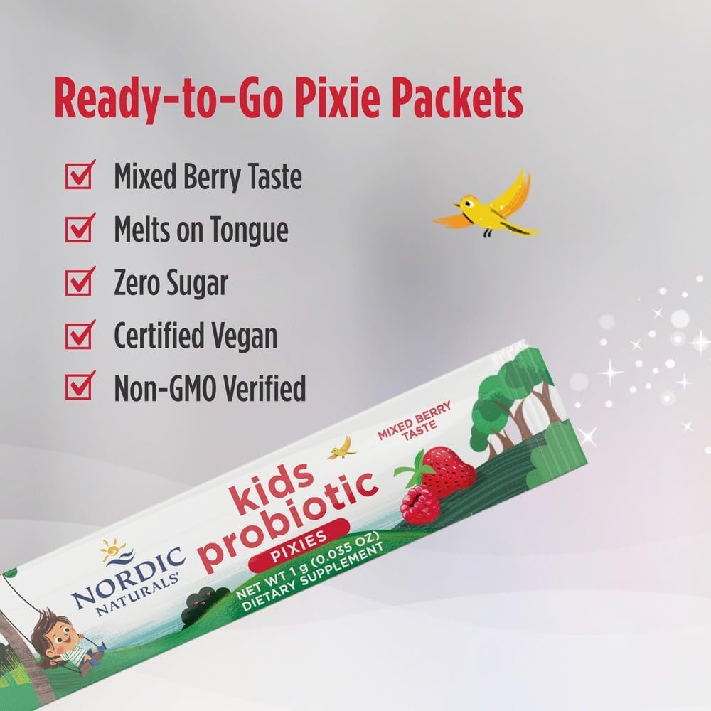 Nordic Naturals Kids Probiotic Pixies, Mixed Berry - 30 Packets - 3 Billion CFU - Digestive & Immune Support - Non-GMO & Vegan - 30 Servings