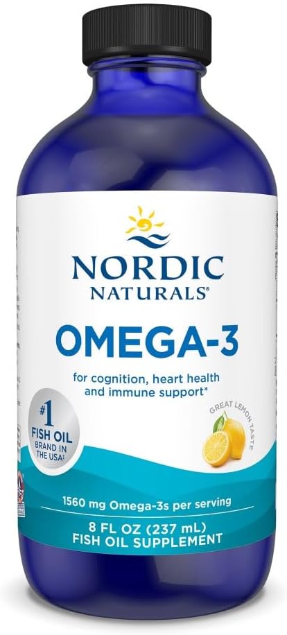 Nordic Naturals Lemon Omega-3 Fish Oil - 8 oz Liquid Supplement - 1560 mg EPA & DHA - Immune, Brain, & Heart Support - Non-GMO - 48 Servings