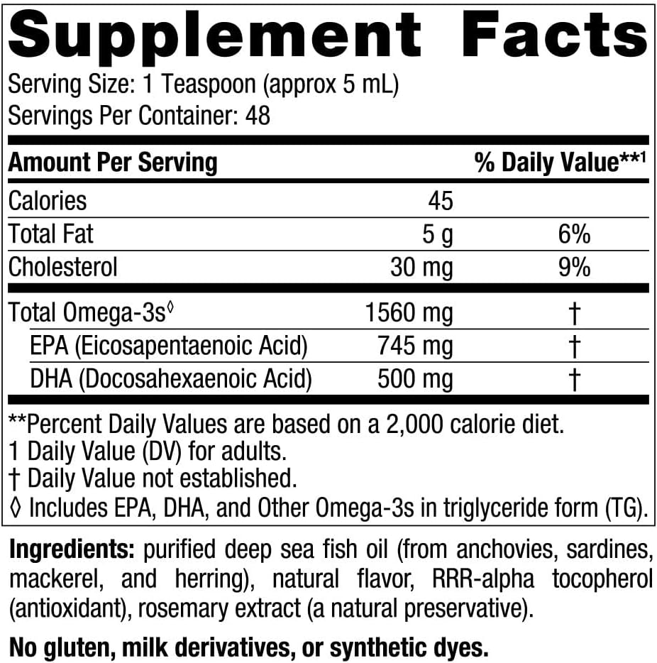 Nordic Naturals Lemon Omega-3 Fish Oil - 8 oz Liquid Supplement - 1560 mg EPA & DHA - Immune, Brain, & Heart Support - Non-GMO - 48 Servings