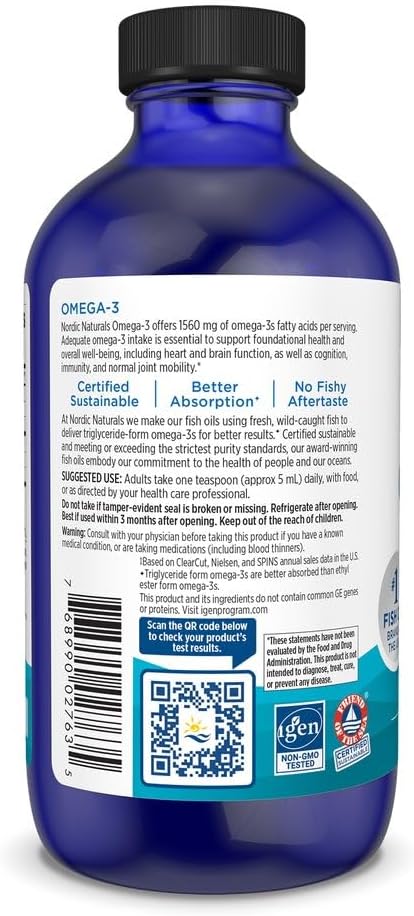 Nordic Naturals Lemon Omega-3 Fish Oil - 8 oz Liquid Supplement - 1560 mg EPA & DHA - Immune, Brain, & Heart Support - Non-GMO - 48 Servings