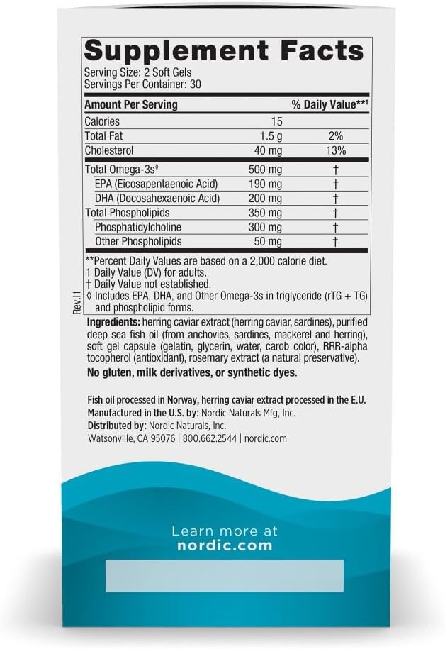 Nordic Naturals Omega-3 Phospholipids Soft Gels - 60 Count - 500mg Omega-3 & 350mg Phospholipids - Heart & Brain Support - Small Easy-to-Swallow - Non-GMO - 30 Servings