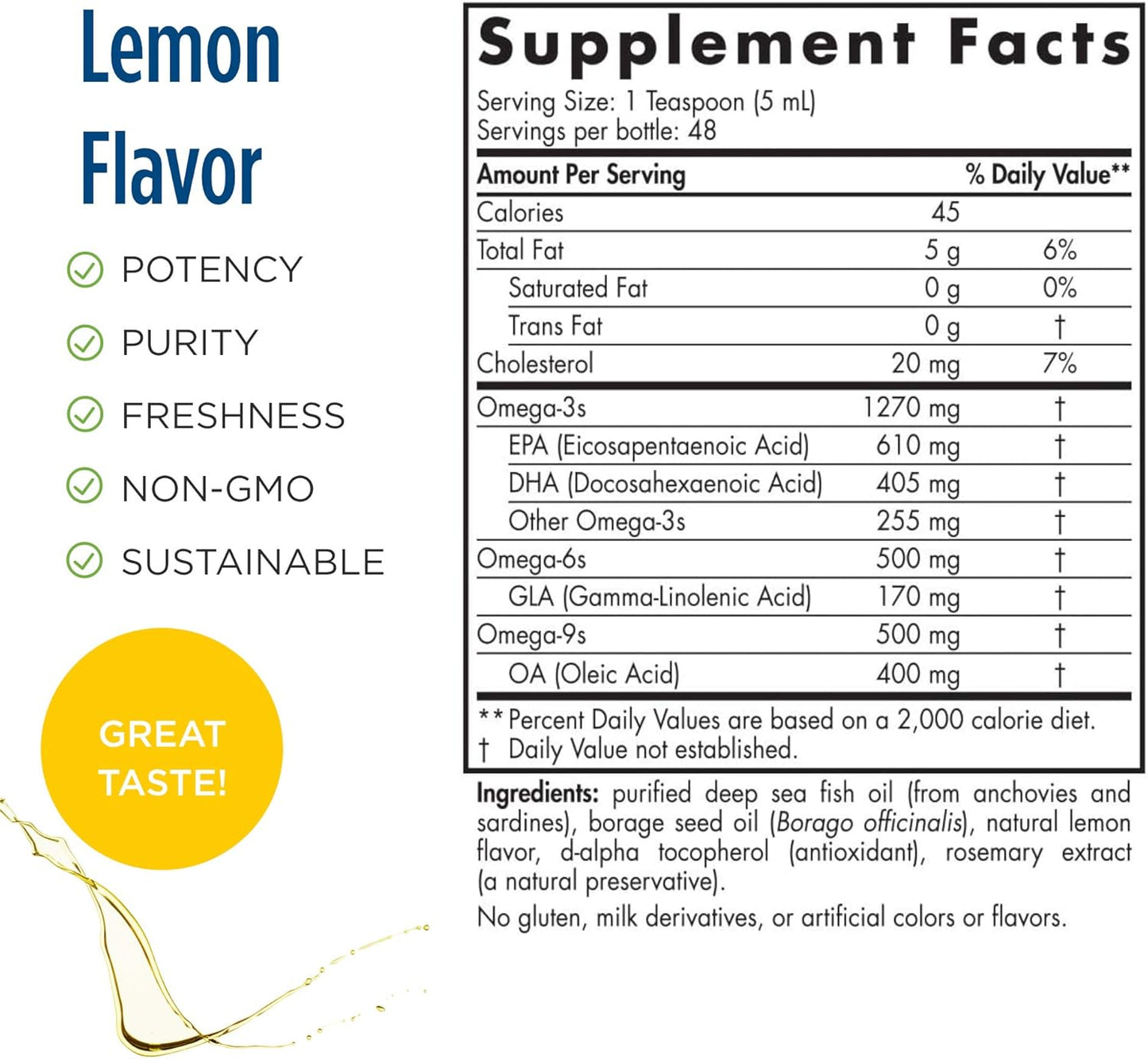 Nordic Naturals ProEFA 3-6-9 Lemon Flavor Liquid Supplement - 8 oz Bottle - 1270 mg Omega-3 EPA & DHA with GLA - Skin, Brain, & Mood Support - Non-GMO - 48 Servings