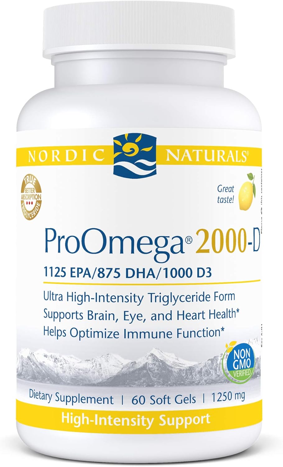 Nordic Naturals ProOmega 2000-D Fish Oil Soft Gels with EPA, DHA, and Vitamin D3 for Heart, Brain, and Eye Health - Lemon Flavor - 60 Count