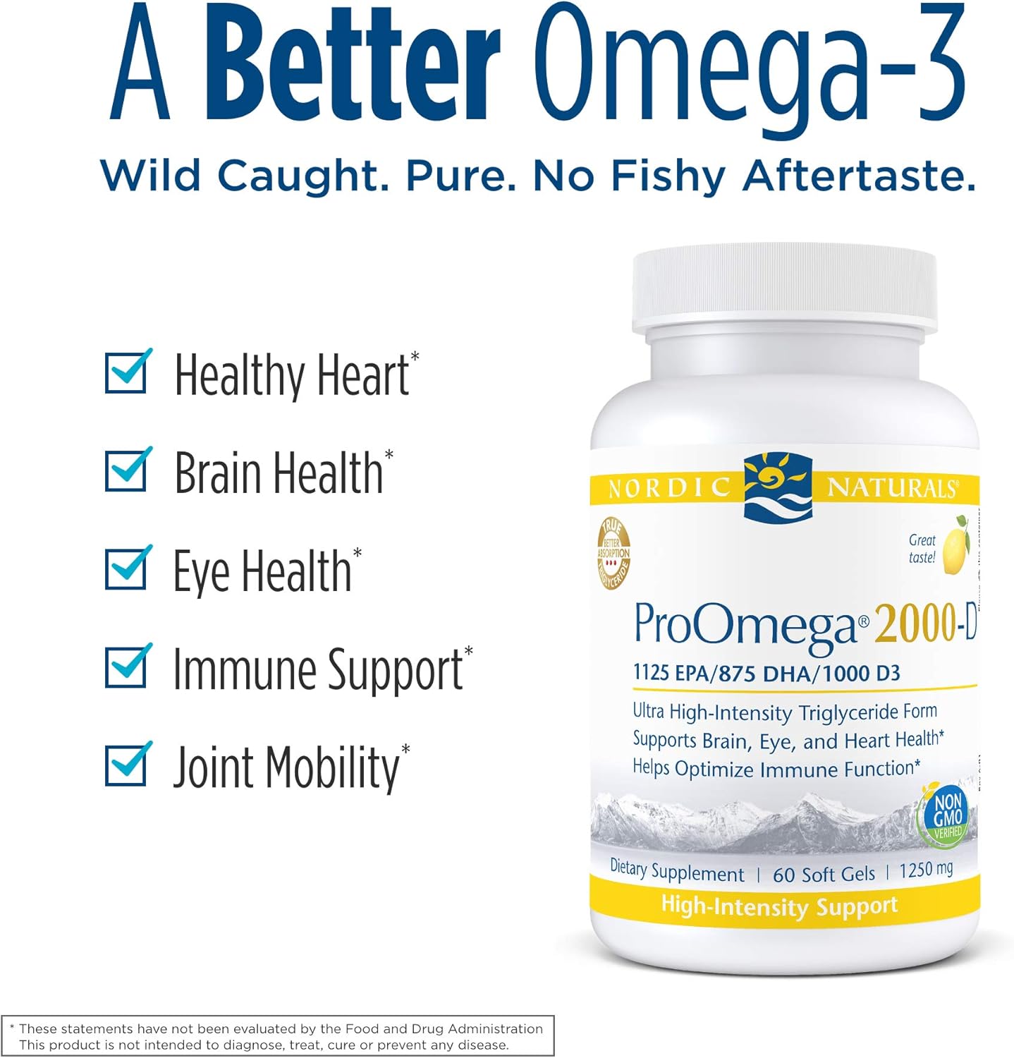 Nordic Naturals ProOmega 2000-D Fish Oil Soft Gels with EPA, DHA, and Vitamin D3 for Heart, Brain, and Eye Health - Lemon Flavor - 60 Count