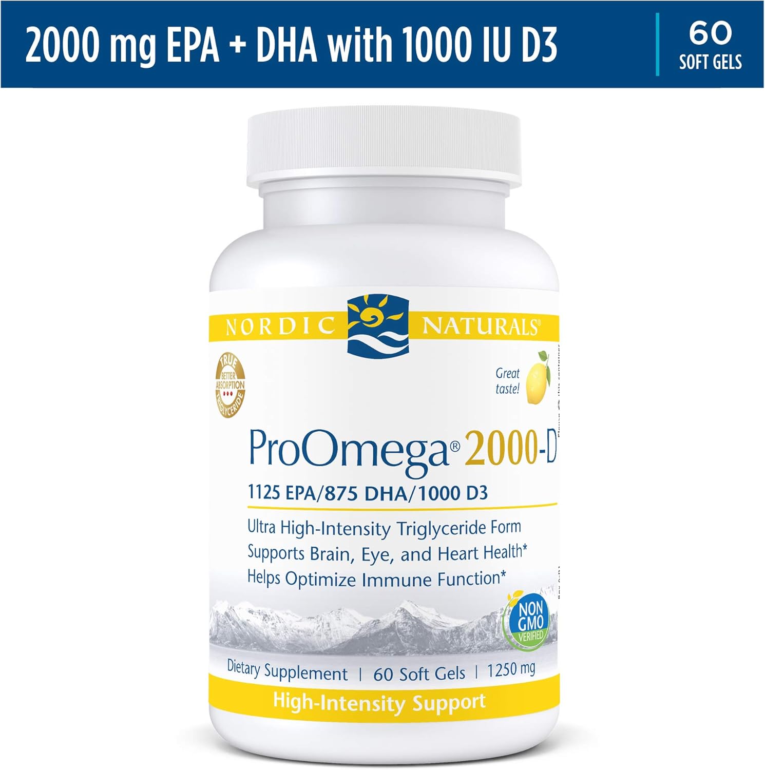 Nordic Naturals ProOmega 2000-D Fish Oil Soft Gels with EPA, DHA, and Vitamin D3 for Heart, Brain, and Eye Health - Lemon Flavor - 60 Count