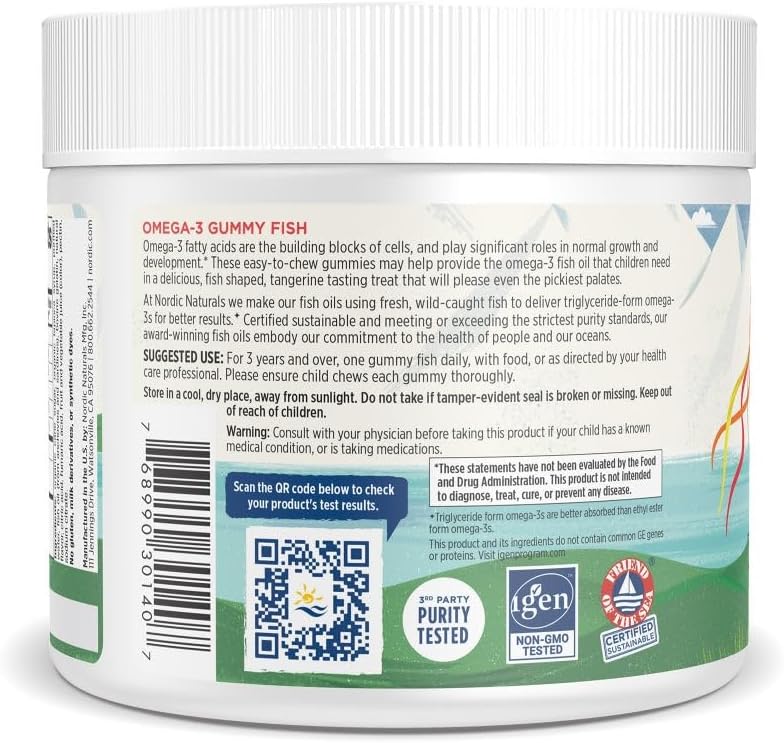 Nordic Naturals Tangerine Omega-3 Gummy Fish - 30 Gummy Fish - 124 mg Total Omega-3s - Non-GMO - 30 Servings