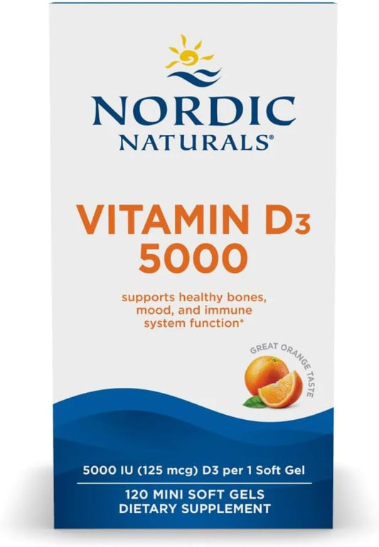 Nordic Naturals Vitamin D3 5000 IU Orange Soft Gels - 120 Servings for Healthy Bones, Mood & Immune System - Non-GMO Formula