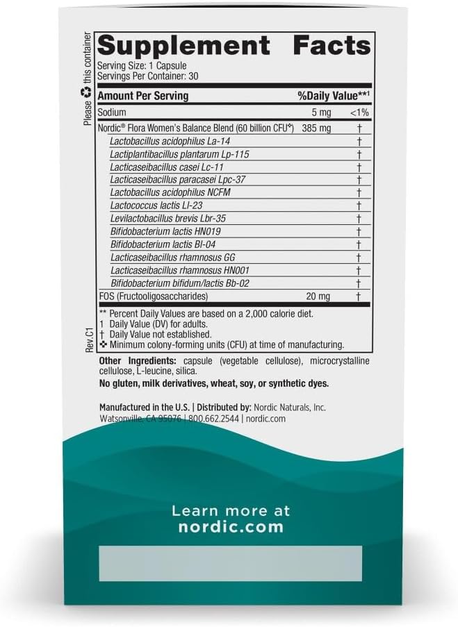 Nordic Naturals Women's Balance Probiotic Capsules - 30ct - 12 Strains, 60 Billion Cultures - Gut & Vaginal Health - Vegan - 30 Servings