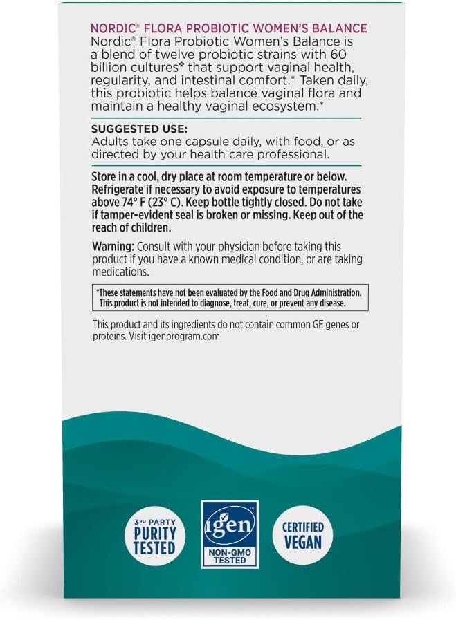 Nordic Naturals Women's Balance Probiotic Capsules - 30ct - 12 Strains, 60 Billion Cultures - Gut & Vaginal Health - Vegan - 30 Servings