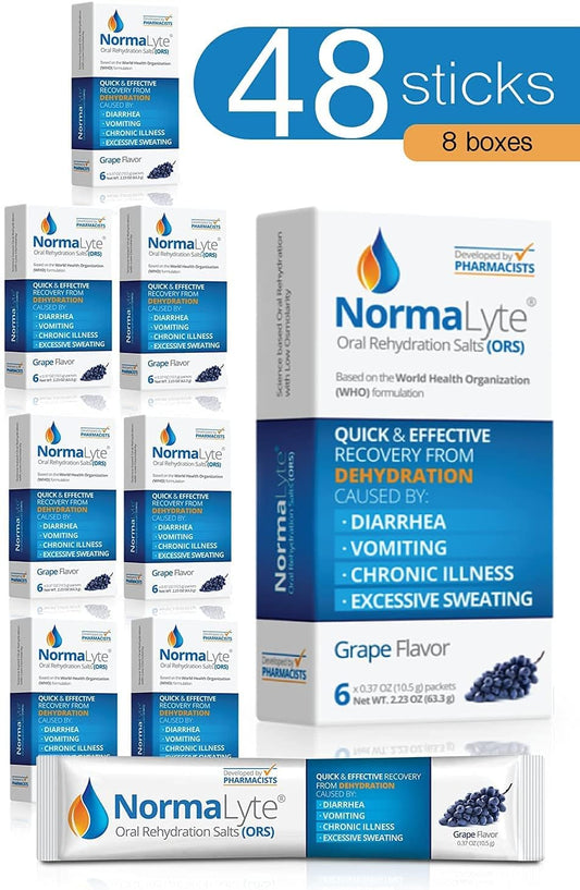 NormaLyte Oral Rehydration Salts - 48 Stick Packs - Grapes Flavor - Energy and Potassium Supplement for Dehydration Recovery - Quick Absorption - 500mL per Pack