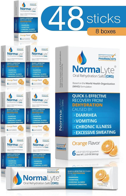 NormaLyte Oral Rehydration Salts - 48 Sticks Packs for Quick Hydration - Orange Flavor - Energy and Potassium Supplement for Dehydration Recovery