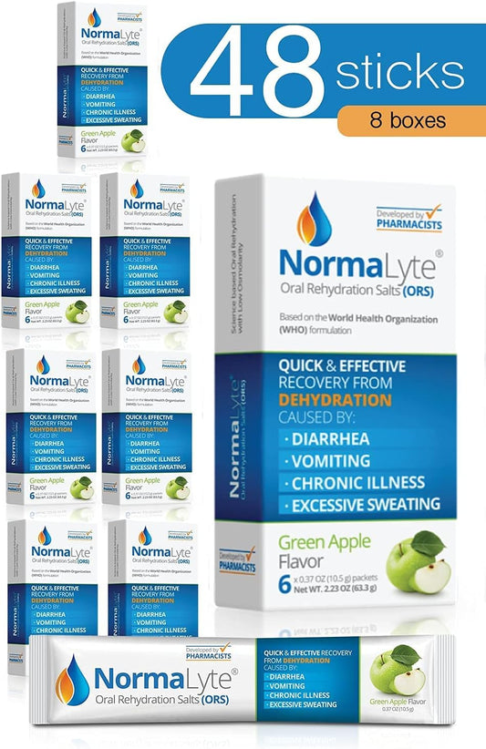 NormaLyte Oral Rehydration Salts: 48 Stick Packs for Quick Absorption - Apple Flavor - Energy and Potassium Supplement for Dehydration Recovery - 500mL per Pack