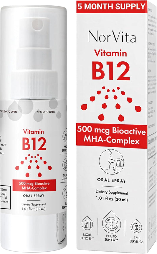 NorVita Vitamin B12 Spray - 500 mcg (150 Servings) - MHA Complex - Vegan & Non-GMO Liquid Supplement