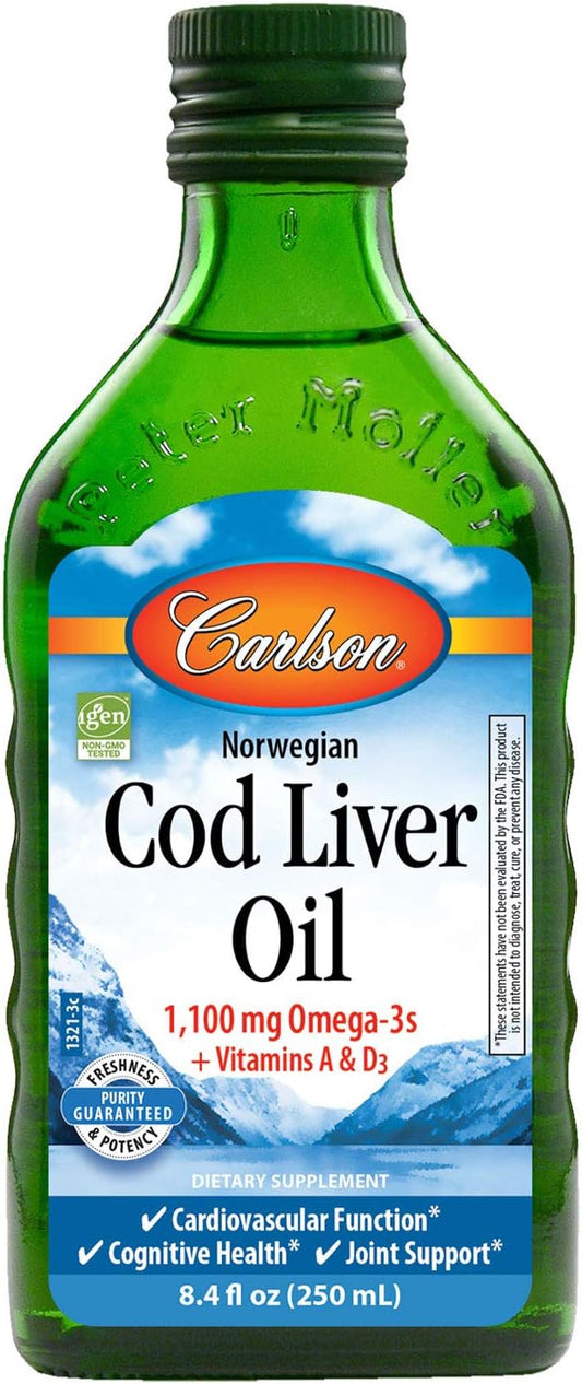 Norwegian Carlson Cod Liver Oil, Natural Source of 1,100 mg Omega-3s, 250 mL Bottle