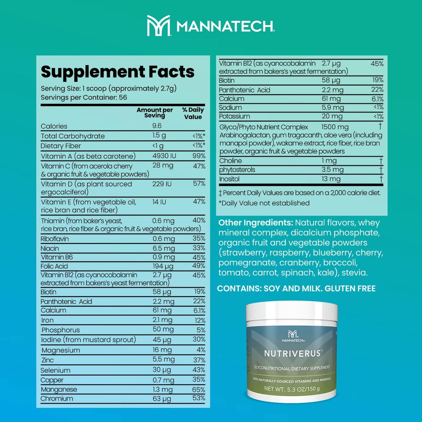 Nourishing Mannatech NutriVerus Glyconutritional Supplement with Vitamins A, C, B Complex, D - Antioxidants & Immune Support - 5.3oz/150g