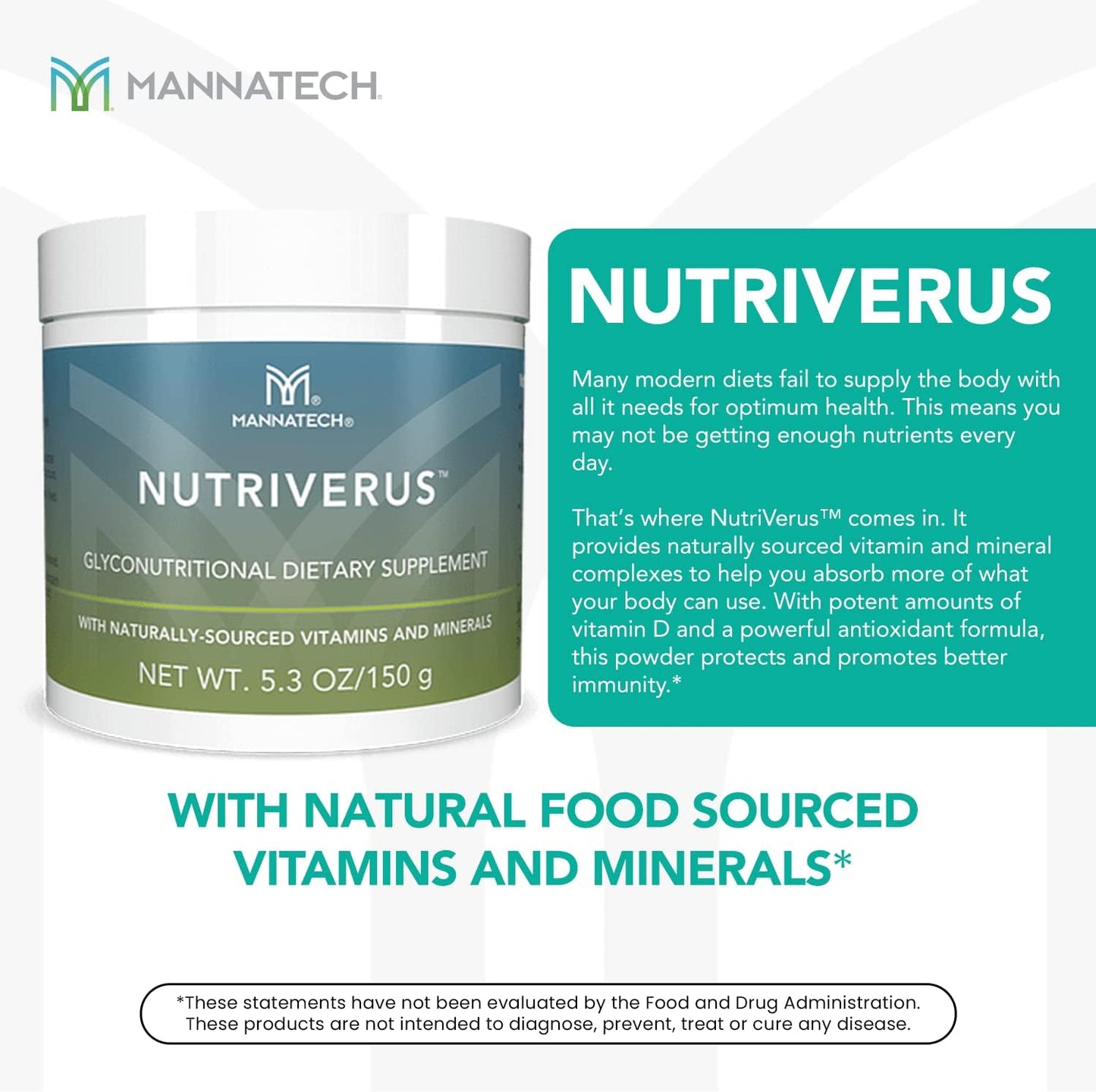 Nourishing Mannatech NutriVerus Glyconutritional Supplement with Vitamins A, C, B Complex, D - Antioxidants & Immune Support - 5.3oz/150g