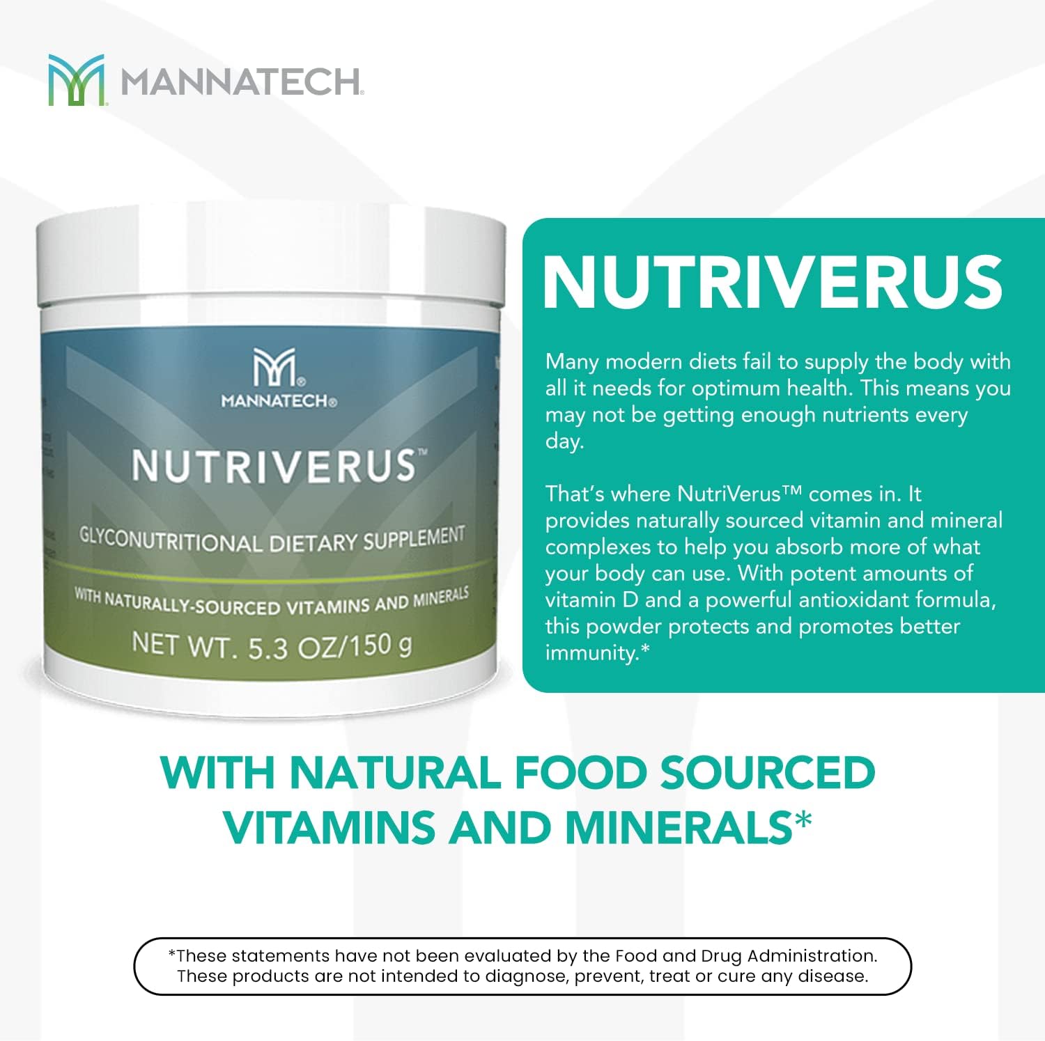 Nourishing Mannatech NutriVerus Glyconutritional Supplement with Vitamins A, C, B Complex, D - Antioxidants & Immune Support - 5.3oz/150g
