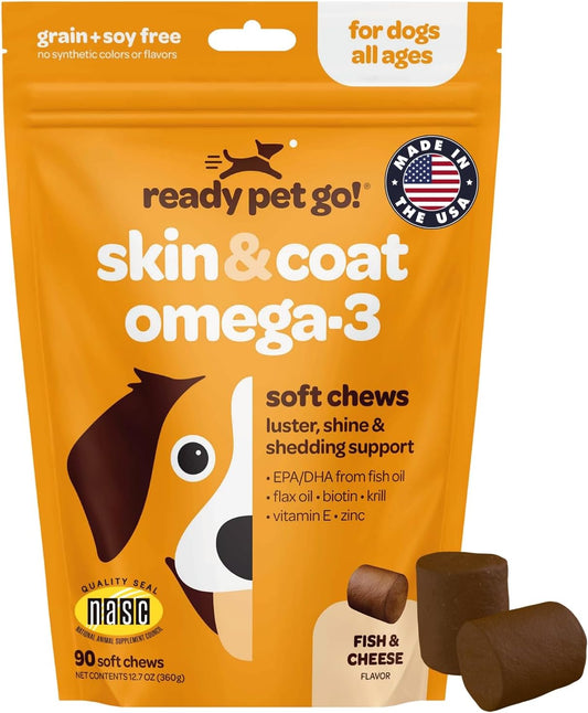 Nourishing Omega 3 Skin and Coat Supplement for Dogs | 90 Chews | EPA DHA Krill Oil & Vitamin E | Up to 75lbs | NASC Certified & Made in USA