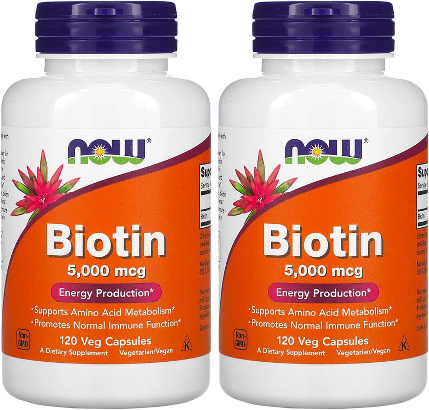 NOW Biotin 5,000 mcg - 120 VCaps (Pack of 2 Bottles) by NOW Foods