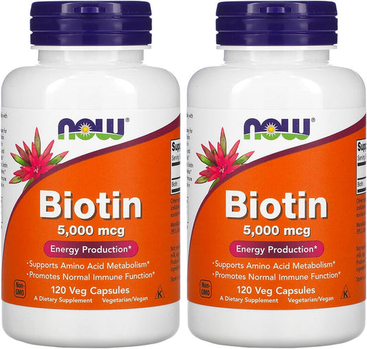 NOW Biotin 5,000 mcg - 120 VCaps (Pack of 2 Bottles) by NOW Foods