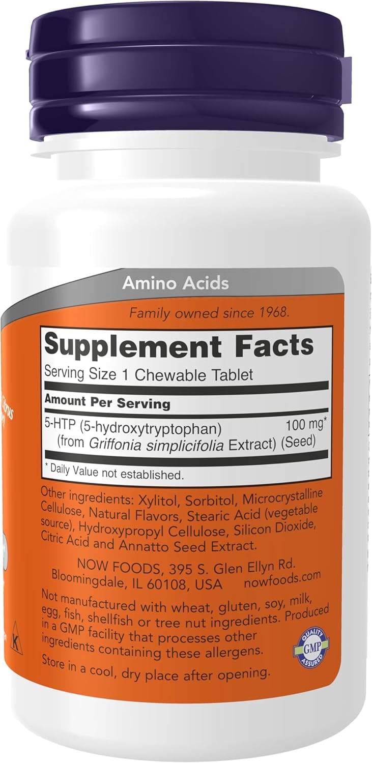 NOW Foods 5-HTP 100 mg Chewables for Neurotransmitter Support - 90 Supplements