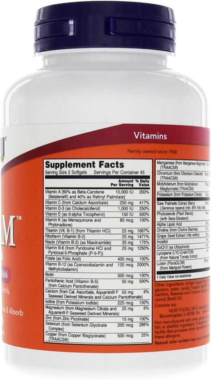 NOW Foods Adam Men's Multiple Vitamin 90 Softgels - Pack of 180 Softgels