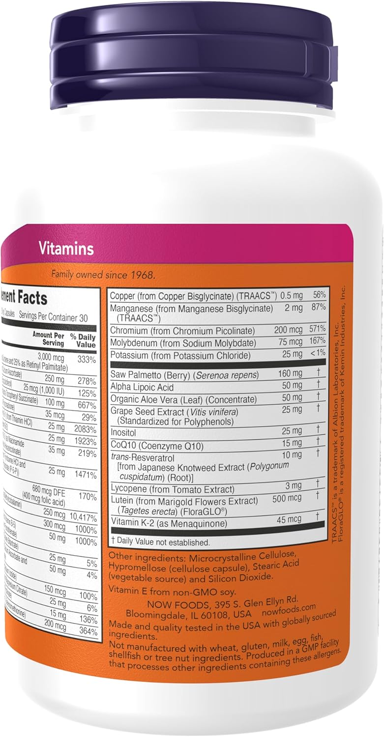 NOW Foods ADAM Men's Multivitamin with Saw Palmetto, Lycopene, Alpha Lipoic Acid, CoQ10, Resveratrol, and Grape Seed Extract - 90 Veg Caps