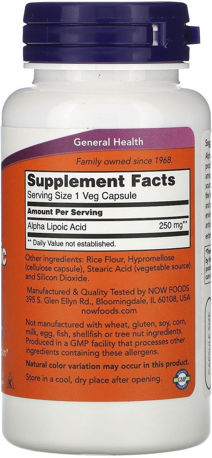 Now Foods Alpha Lipoic Acid Dietary Supplement, 60 Capsules, 250mg