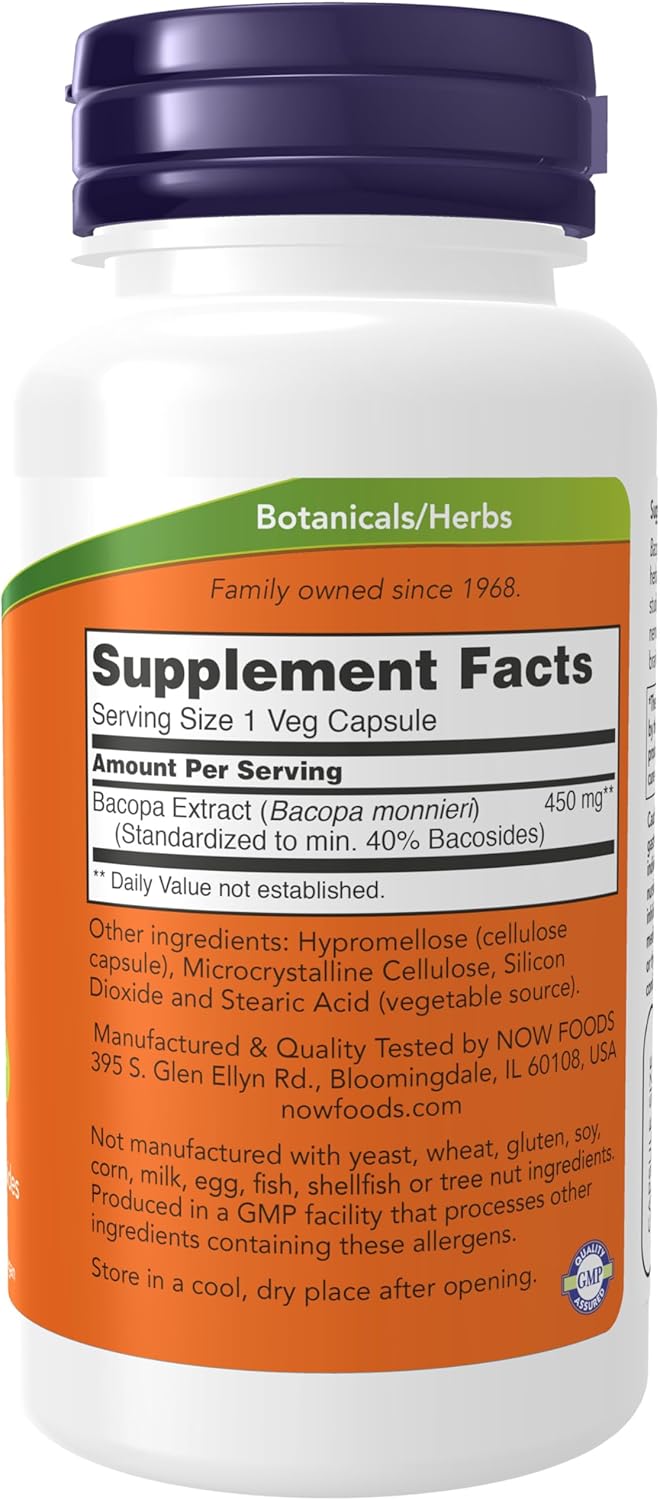 NOW Foods Bacopa Extract 450mg - Brain Health Support - 90 Veg Capsules