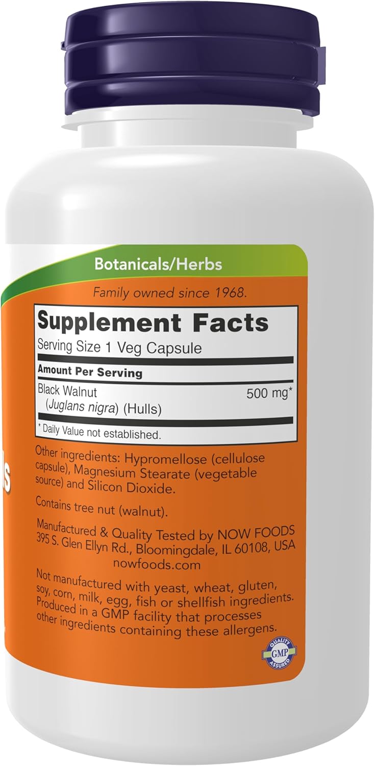 NOW Foods Black Walnut Hulls 500mg Herbal Supplement - 100 Veg Capsules