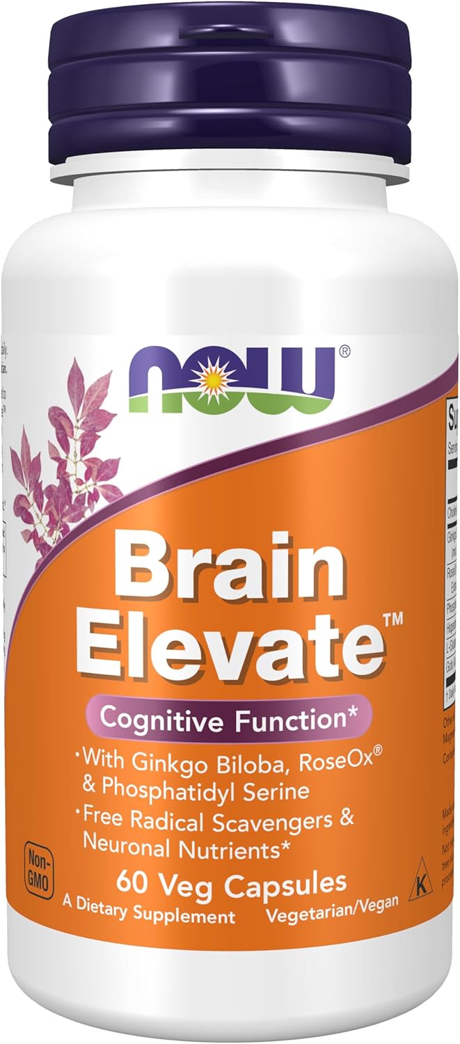 NOW Foods Brain Elevate™ Supplement with Ginkgo Biloba, RoseOx®, and Phosphatidyl Serine - 60 Veg Capsules