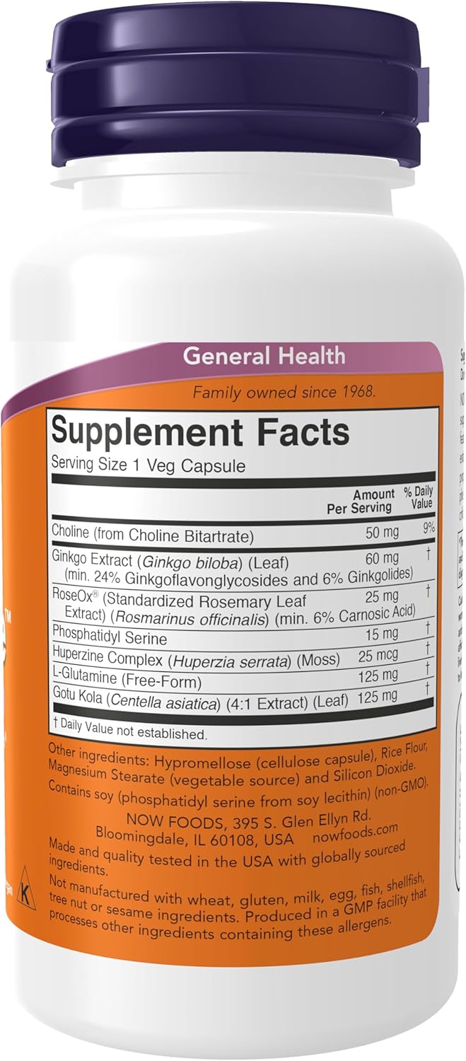 NOW Foods Brain Elevate™ Supplement with Ginkgo Biloba, RoseOx®, and Phosphatidyl Serine - 60 Veg Capsules
