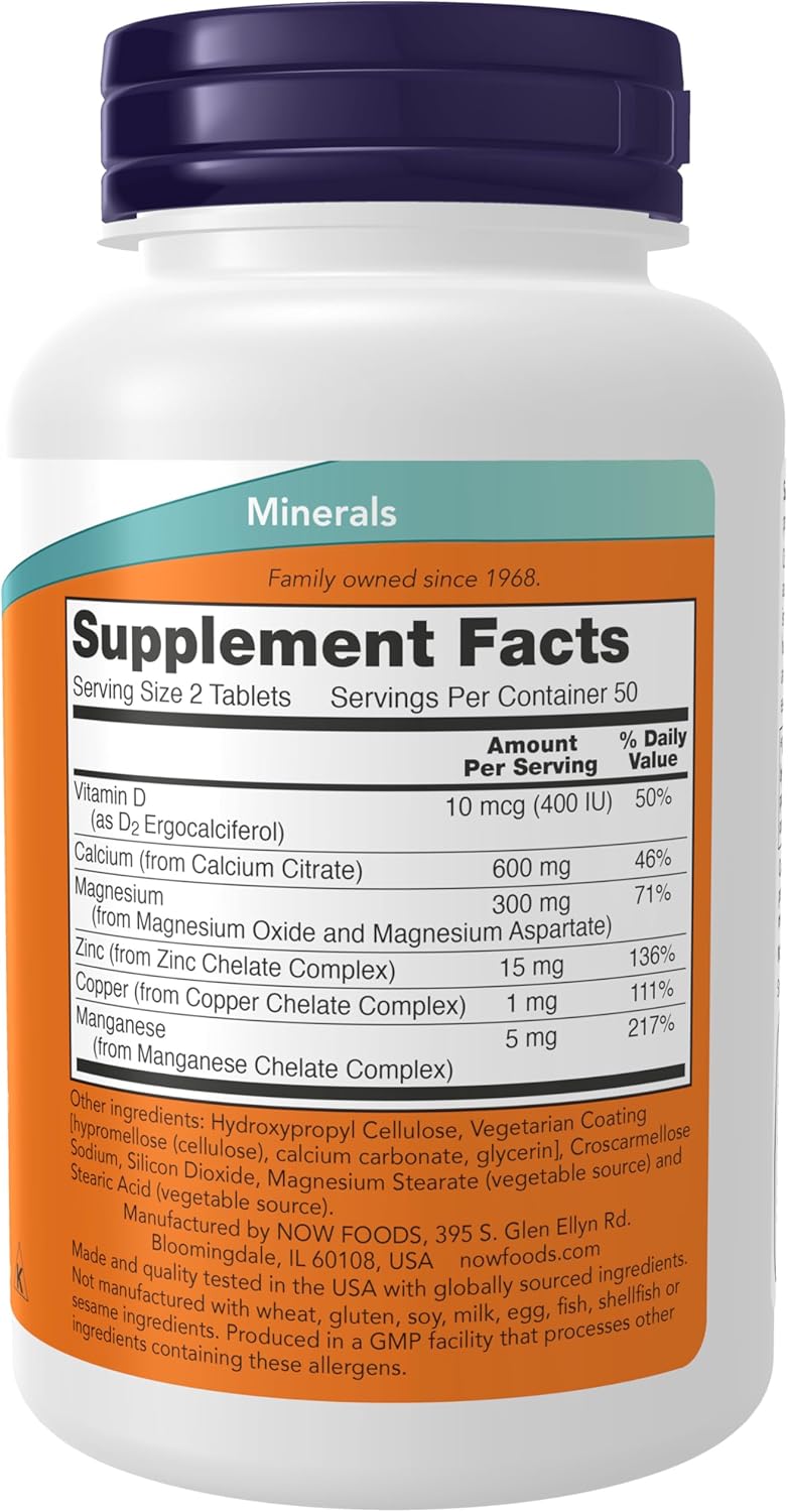 NOW Foods Calcium Citrate with Vitamin D, Magnesium, Zinc, Copper, Manganese - 100 Tablets