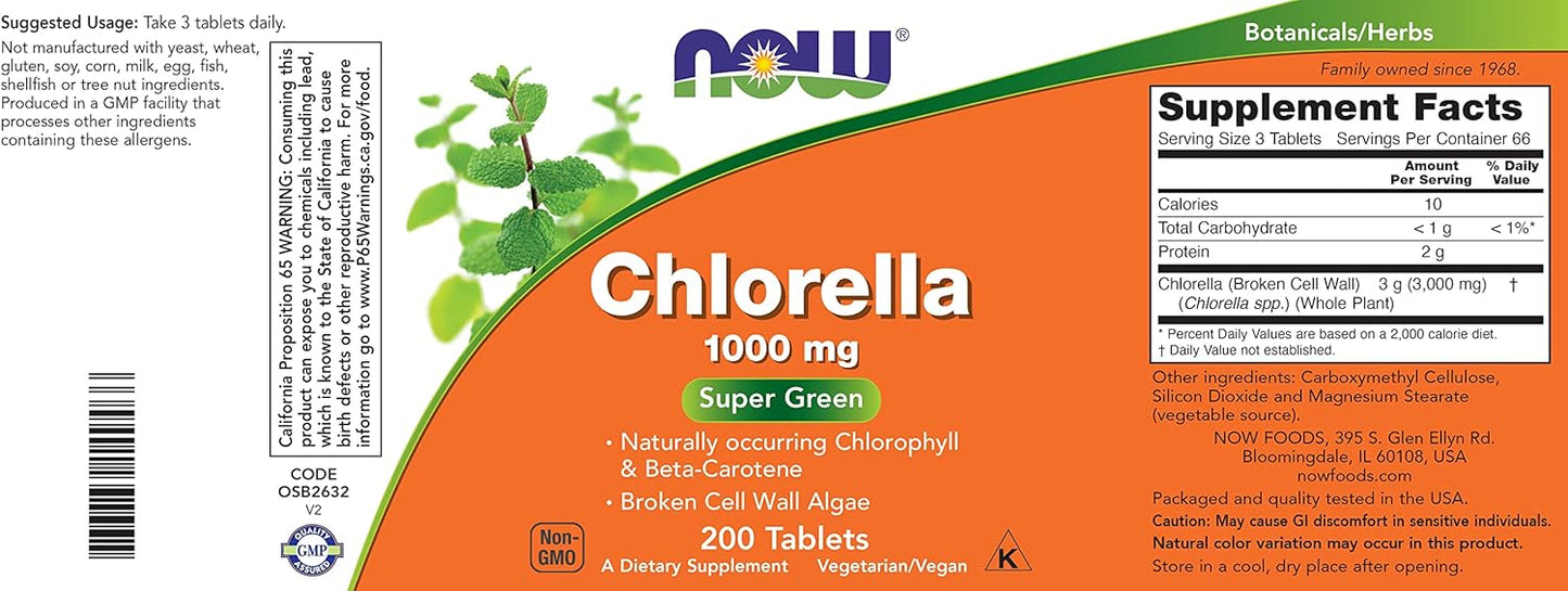 Now Foods Chlorella Tablets - 1000mg, 200 Count (Pack of 2) - Rich in Chlorophyll, Beta-Carotene - Non-GMO, Vegan - Superfood Supplement for Women and Men
