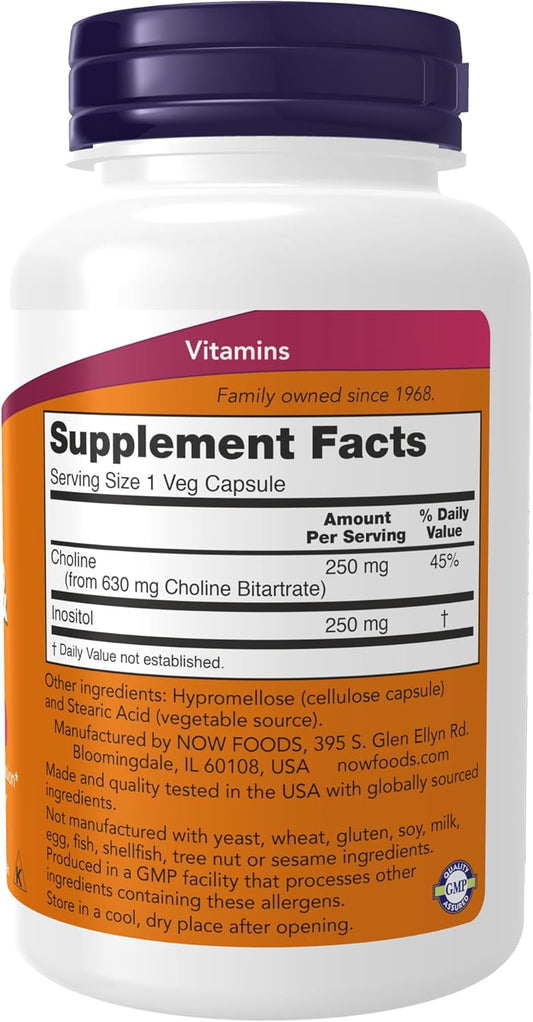 NOW Foods Choline & Inositol 500mg Supplement for Healthy Nerve Transmission & Nervous System Health - 100 Capsules x 2
