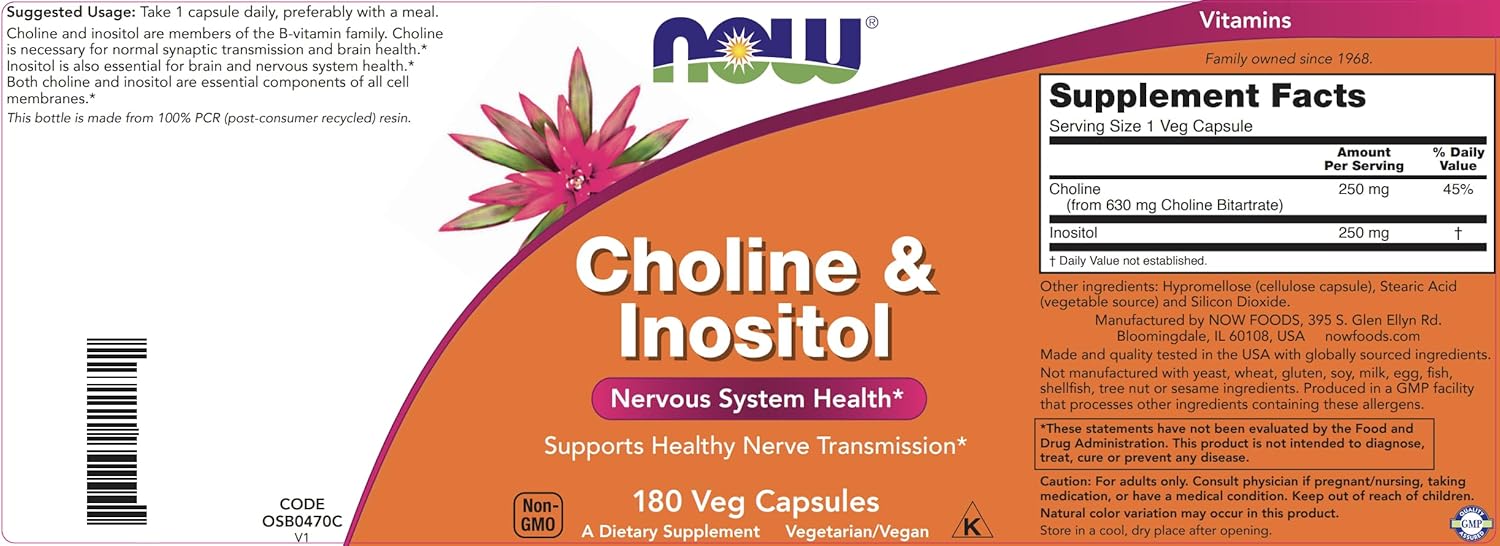 NOW Foods Choline & Inositol Supplement - 360 Veg Capsules, Pack of 2