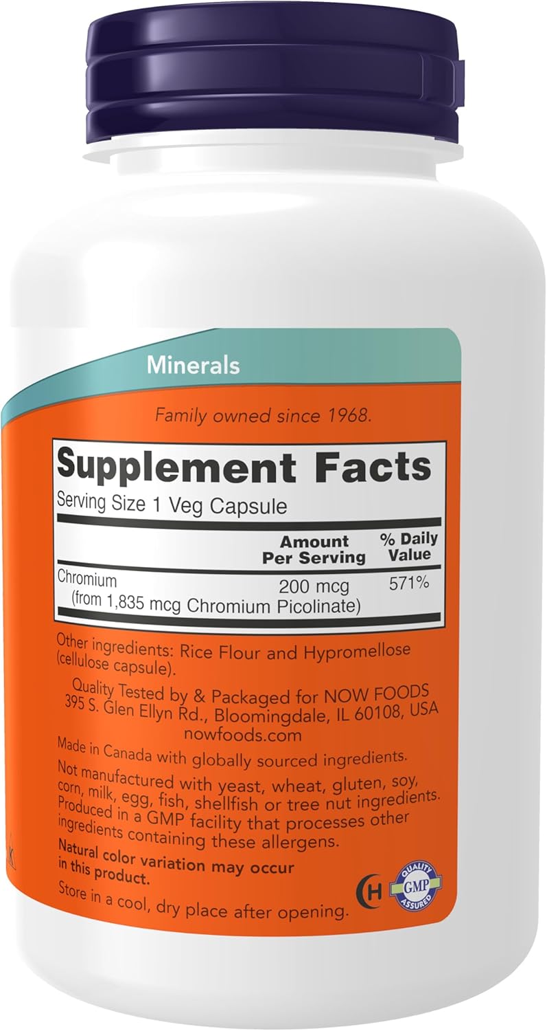 NOW Foods Chromium Picolinate 200 mcg Supplement for Insulin Support - 250 Veg Capsules