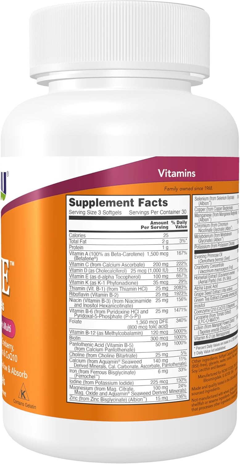 NOW Foods Eve Women's Multivitamin with Evening Primrose, Cranberry, Green Tea, Horsetail Silica & CoQ10 - 90 Softgels for Women's Health