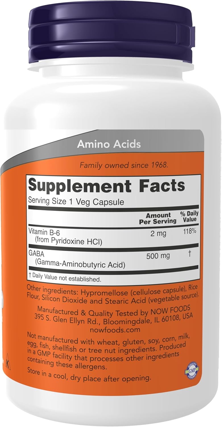 NOW Foods GABA 500mg with B-6, Natural Neurotransmitter Supplement - 100 Veg Capsules