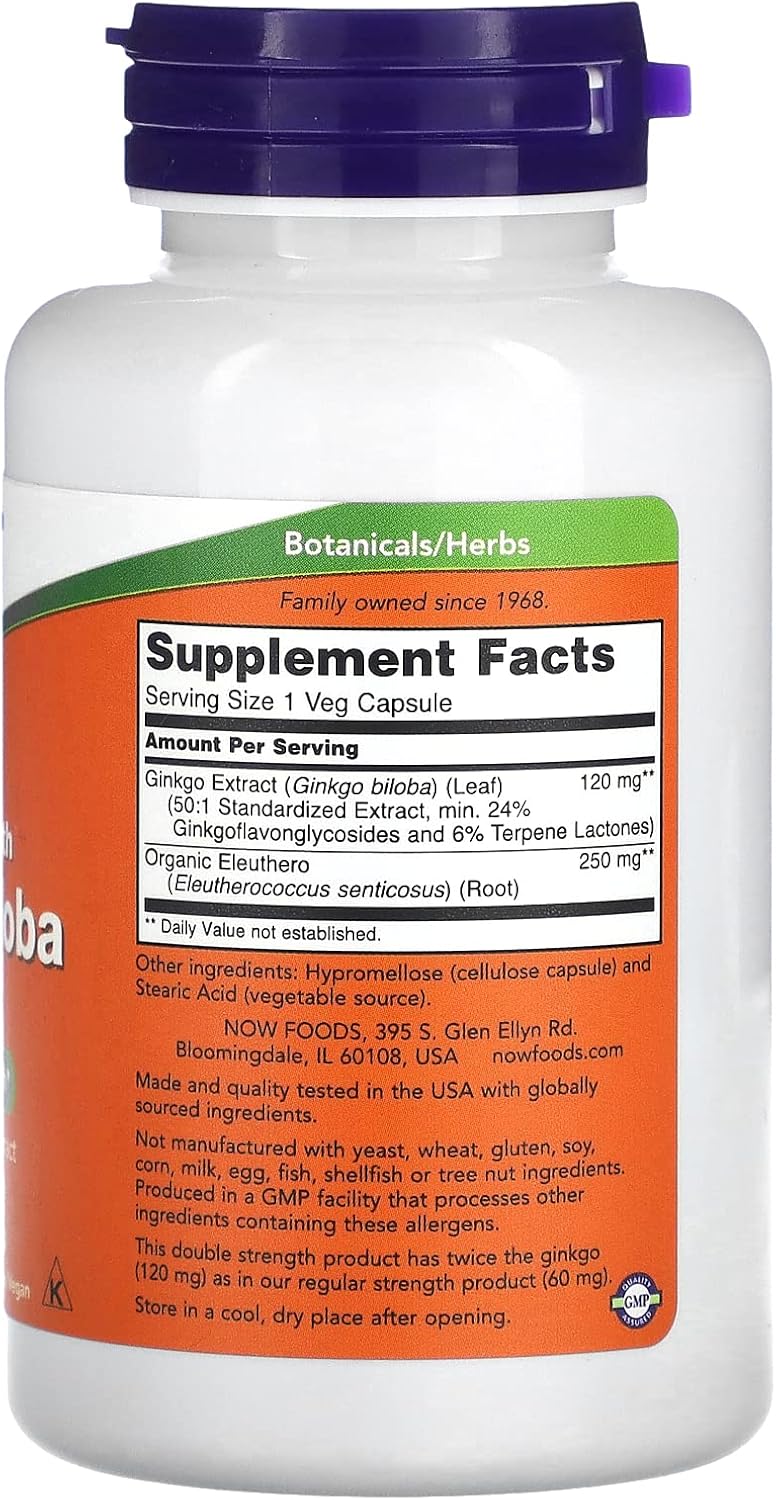 Now Foods Ginkgo Biloba 120 mg - Double Strength 100 Veg Capsules for Cognitive Support