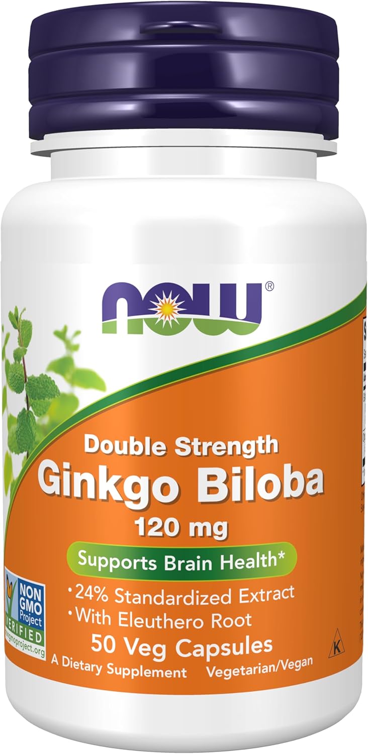 NOW Foods Ginkgo Biloba 120mg Double Strength Supplement - Non-GMO, 50 Veg Capsules