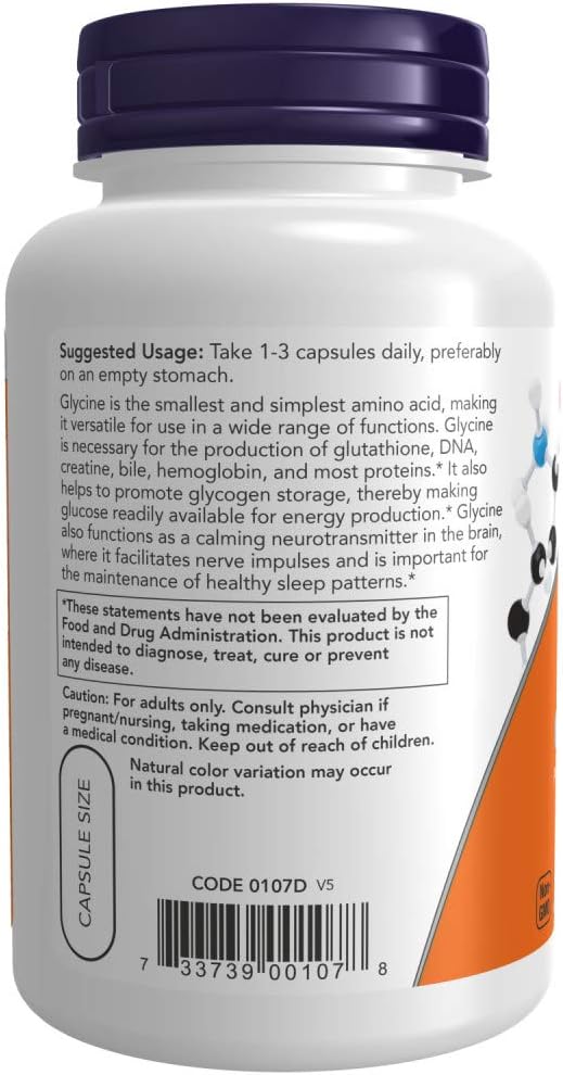 Now Foods Glycine 1000 mg - Pharmaceutical Grade Amino Acid - 100 Capsules